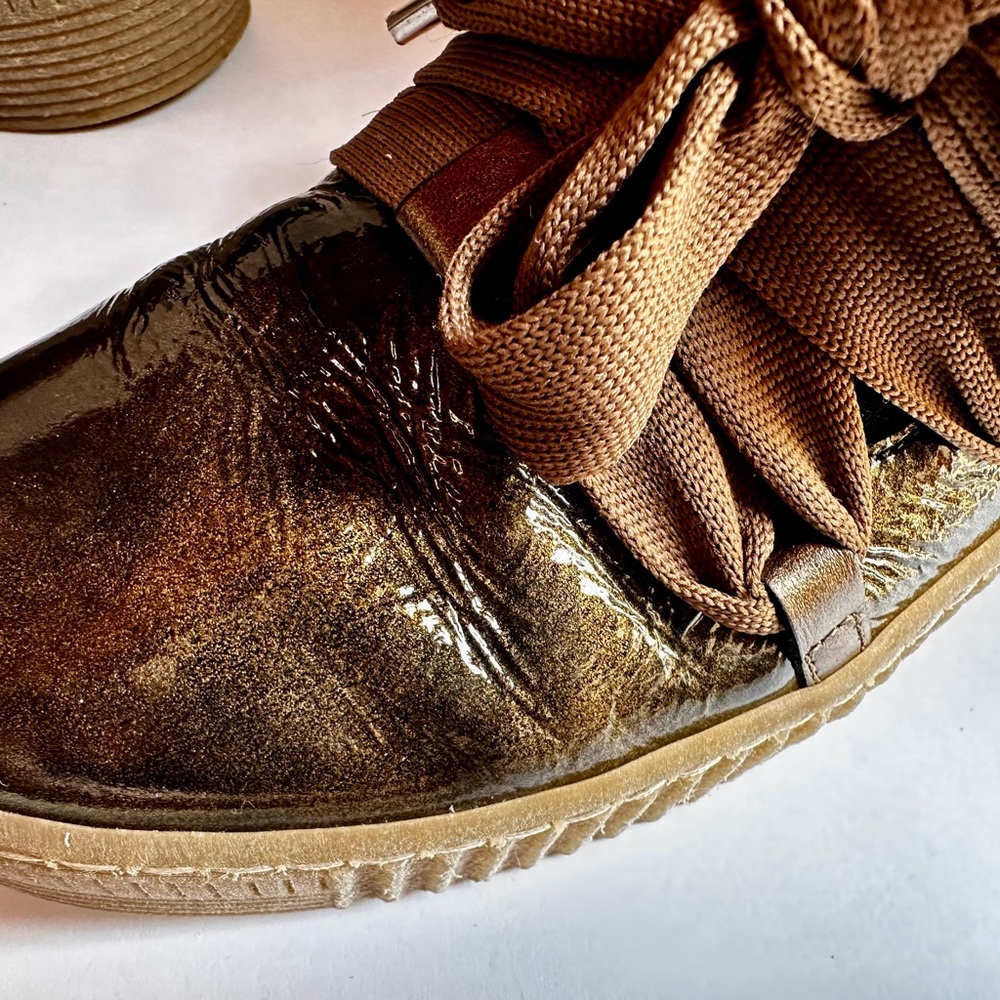 Gabor Best Fitting Metallic Olive Green Patent Leather Sneakers Ribbon Lace - Picture 7 of 11